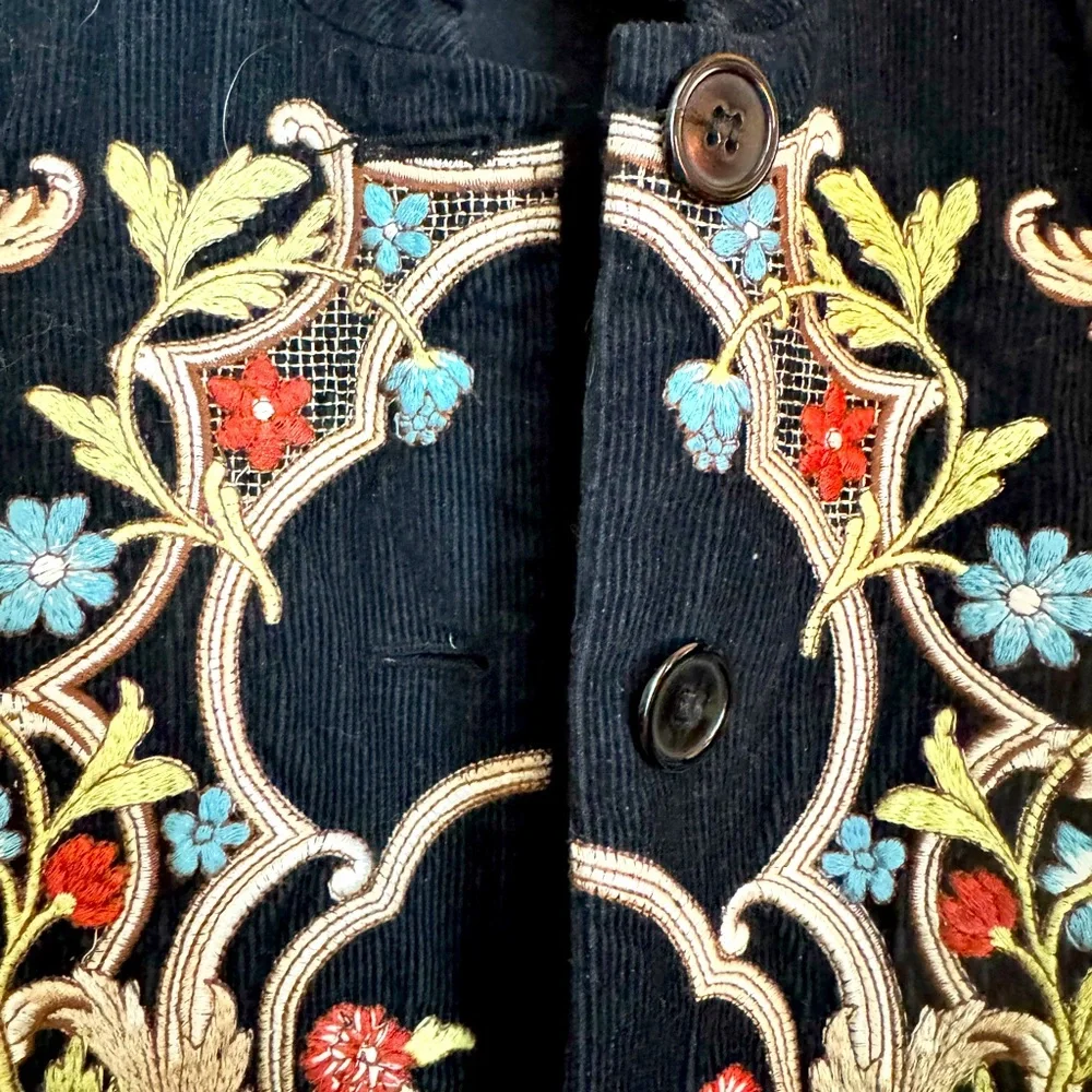 Barely worn Johnny Was - Embroidered Black mid-length Corduroy Coat, Size Medium - Picture 8 of 10